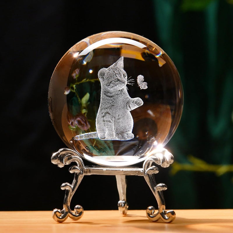 IFOLAINA 3D Cat Themed Gifts for Women 3D Crystal Ball Cat Related Sympathy Figurines Presents Kitty Decorative Globe Decor with Stand - Image 1